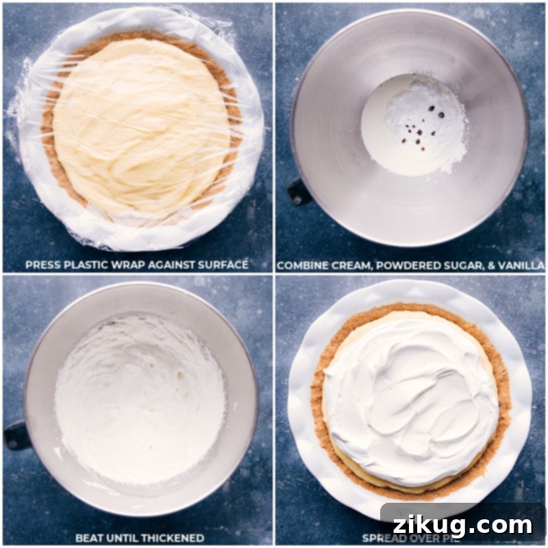 The final touches: chilling the pie and topping it with fluffy homemade whipped cream. Images showing the banana cream pie chilling and homemade whipped cream being prepared and spread over the dessert