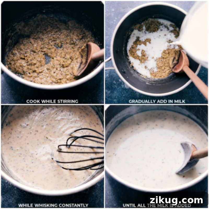 The crucial stage of sauce preparation for Chicken Noodle Casserole: Witness the transformation as milk is slowly incorporated and whisked to create a smooth, rich, and perfectly thickened cream base. This step is key to a luscious casserole. Process shots of the Chicken Noodle Casserole showing milk being gradually added to the roux and whisked continuously until the sauce begins to thicken.