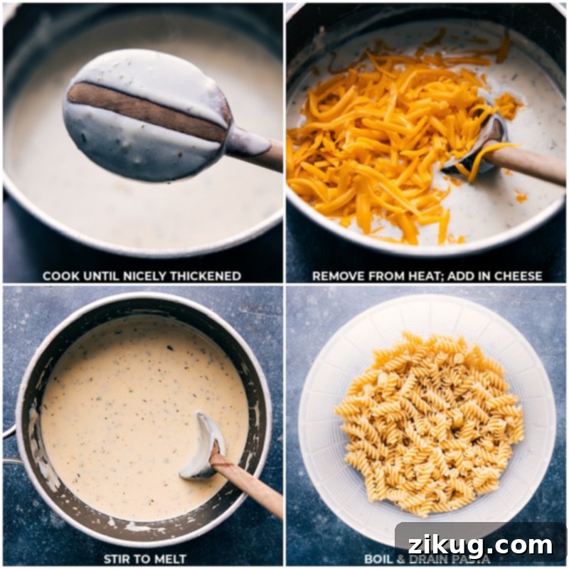 Assembling the perfect Chicken Noodle Casserole: A visual guide to adding rich cheese to the homemade cream sauce and preparing al dente pasta for baking. These steps ensure a delightful texture and flavor in every bite. Process shots of Chicken Noodle Casserole, illustrating cheese being incorporated into the creamy sauce and cooked pasta being drained, ready for assembly.