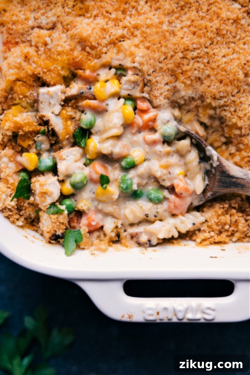 The ultimate comfort meal: A golden and bubbly Chicken Noodle Casserole, fresh from the oven, showcasing its creamy interior, tender chicken, and crispy topping. A perfect, family-friendly dish for any occasion. Recipe via Chelsea's Messy Apron, ideal for quick, easy, and satisfying dinners. An inviting close-up, overhead image of the fully baked and golden-brown Chicken Noodle Casserole, garnished and ready to be served. Steam might be gently rising, highlighting its warmth and fresh-from-the-oven appeal.