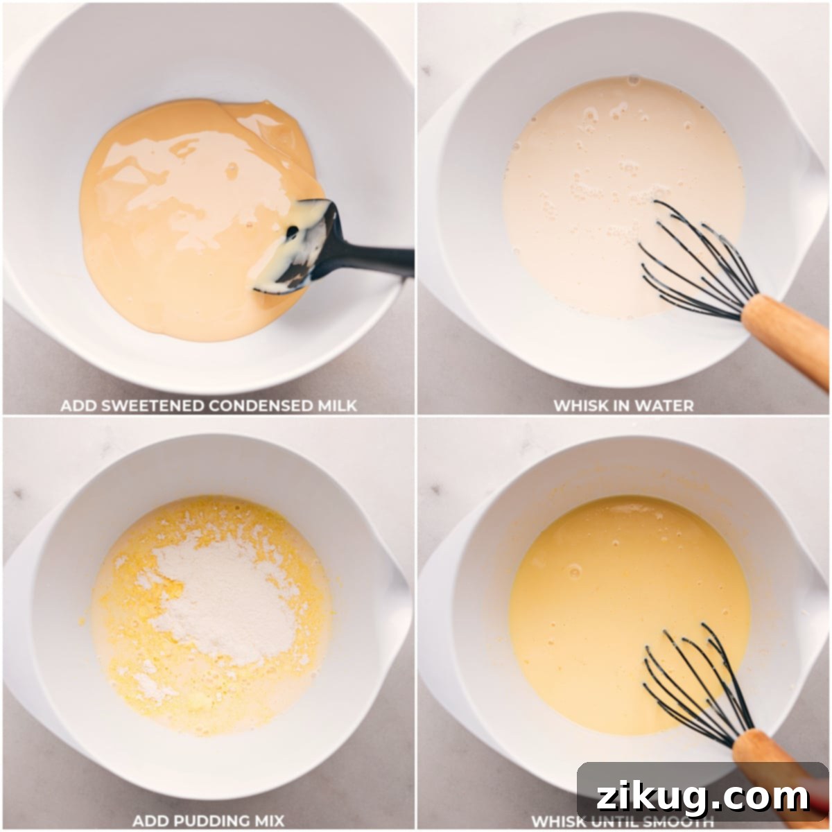 Mixing Sweetened Condensed Milk and Pudding Mix A sequence of images demonstrating the initial steps of preparing the easy banana pudding recipe: pouring sweetened condensed milk, whisking in cold water until smooth, and then incorporating the instant pudding mix, ensuring a perfectly blended base.