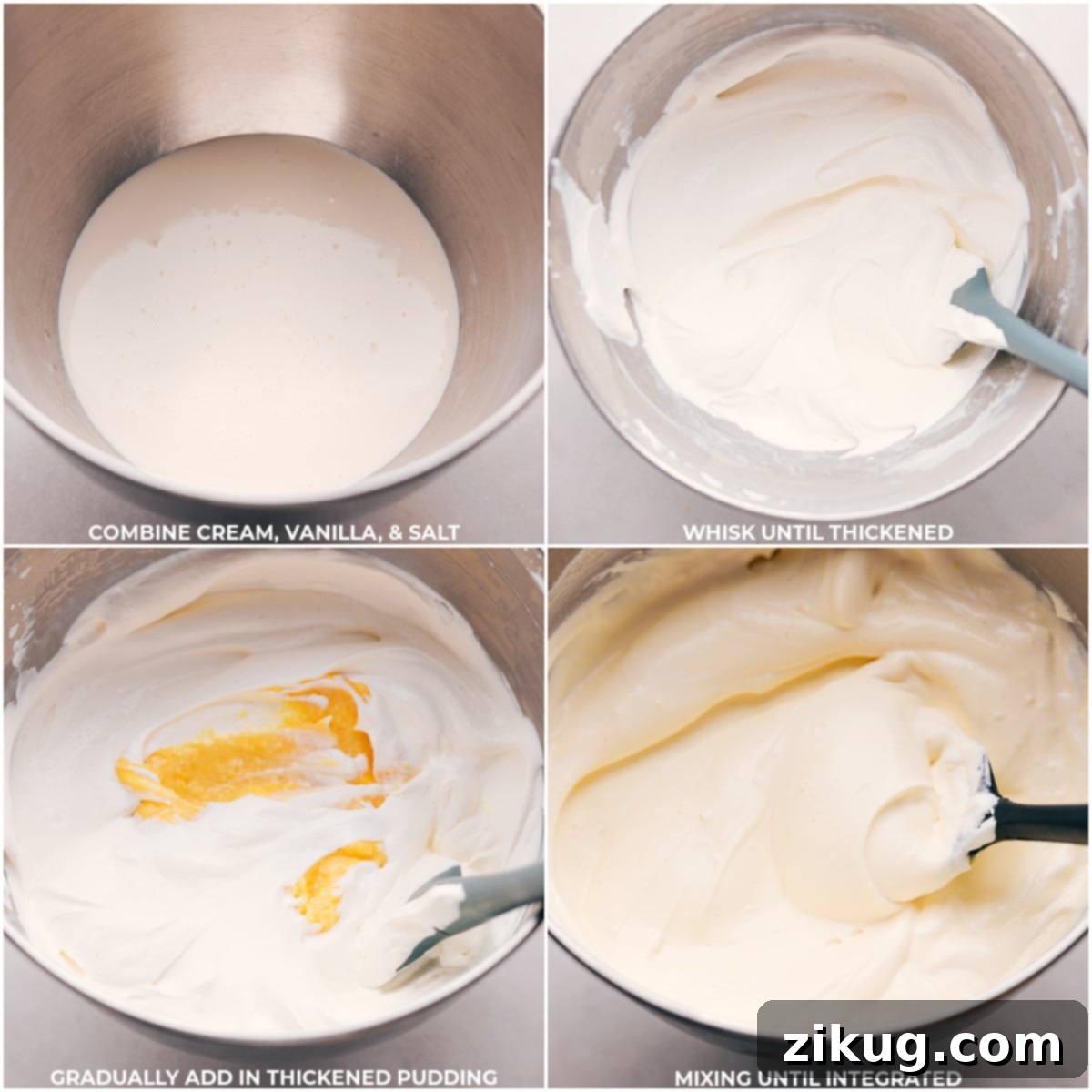 Whisking Cream, Vanilla, and Salt for Banana Pudding A stand mixer bowl capturing the process of whisking heavy cream, vanilla, and salt until it thickens into soft peaks, followed by the gradual addition of the prepared pudding mixture, creating the perfectly integrated and creamy base for the banana pudding.