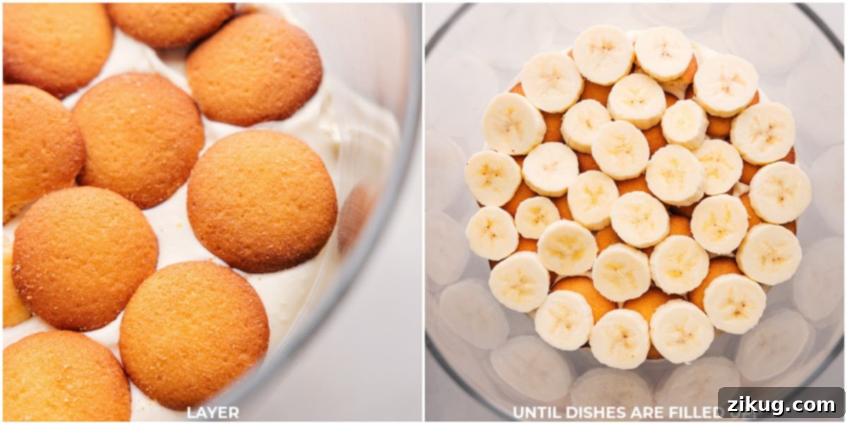 Layering Banana Pudding with Cookies and Sliced Bananas A series of images illustrating the meticulous layering process of the banana pudding recipe, starting with a base of creamy pudding, followed by a layer of vanilla cookies, then fresh banana slices, and repeating these steps to build a visually appealing and delicious dessert.