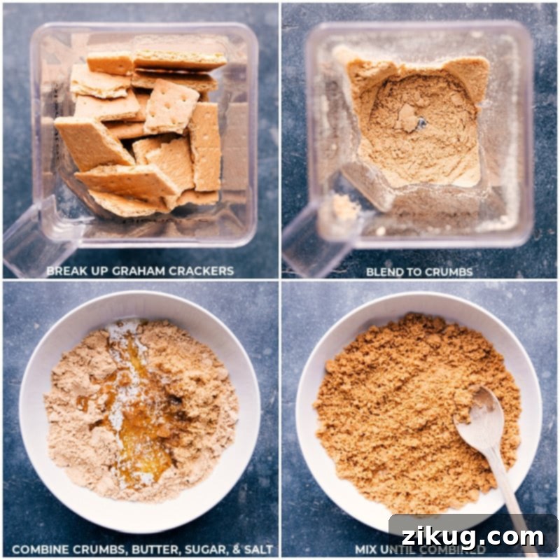 A visual guide showing the initial steps of preparing the buttery graham cracker crust for Banoffee Pie, from finely crushing the biscuits to mixing them with melted butter to form the base.