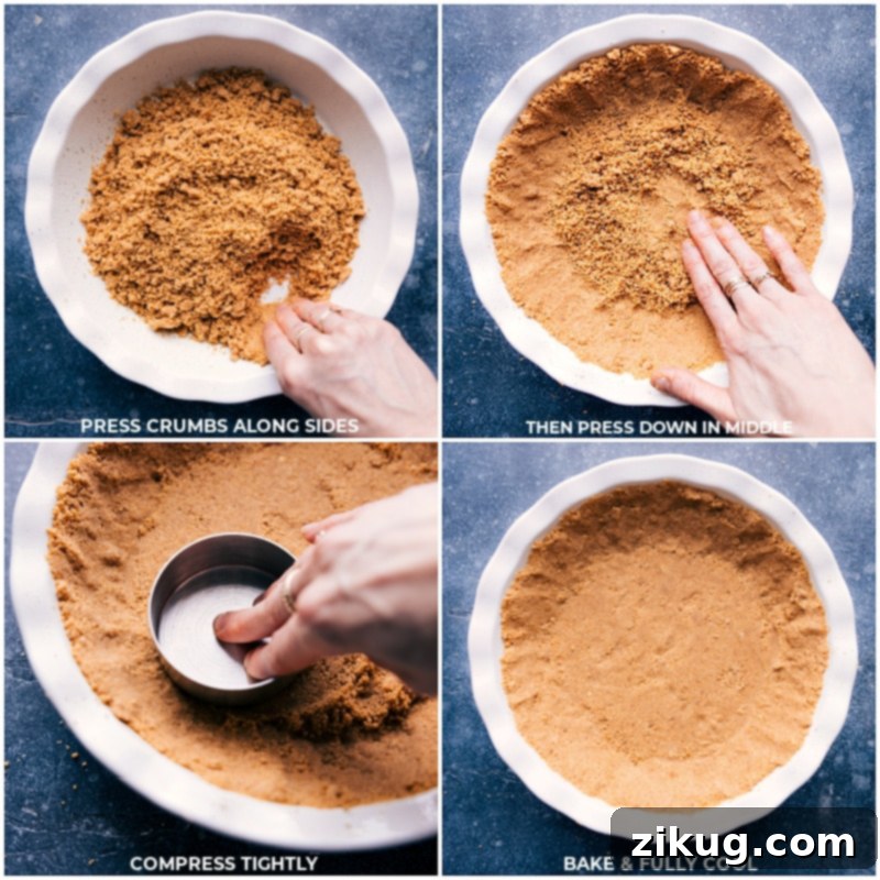 Process images illustrating the creation of Banoffee Pie, specifically showing the prepared graham cracker crust being firmly pressed into the pie tin and its appearance after a brief bake, ready for filling.