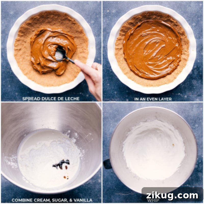 Process shots of Banoffee Pie preparation: showing a smooth layer of rich dulce de leche being spread onto the baked crust, followed by a thick, creamy layer of freshly whipped cream being applied, ready for the final garnishes.