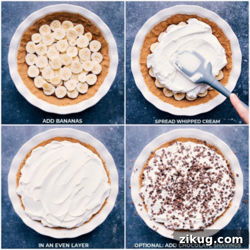 Final assembly process of a homemade Banoffee Pie: meticulously layering fresh, thinly sliced bananas, generously topping with fluffy whipped cream, and garnishing with delicate chocolate shavings for a beautiful finish.