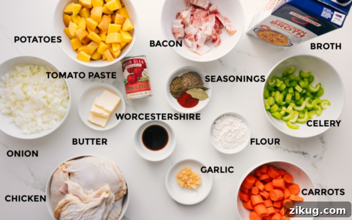 All the fresh ingredients for a delightful Chicken Stew prepped and laid out, including vibrant carrots, potatoes, onions, celery, garlic, chicken thighs, bacon, tomato paste, butter, flour, broth, wine, Worcestershire sauce, and a selection of fragrant herbs and spices.