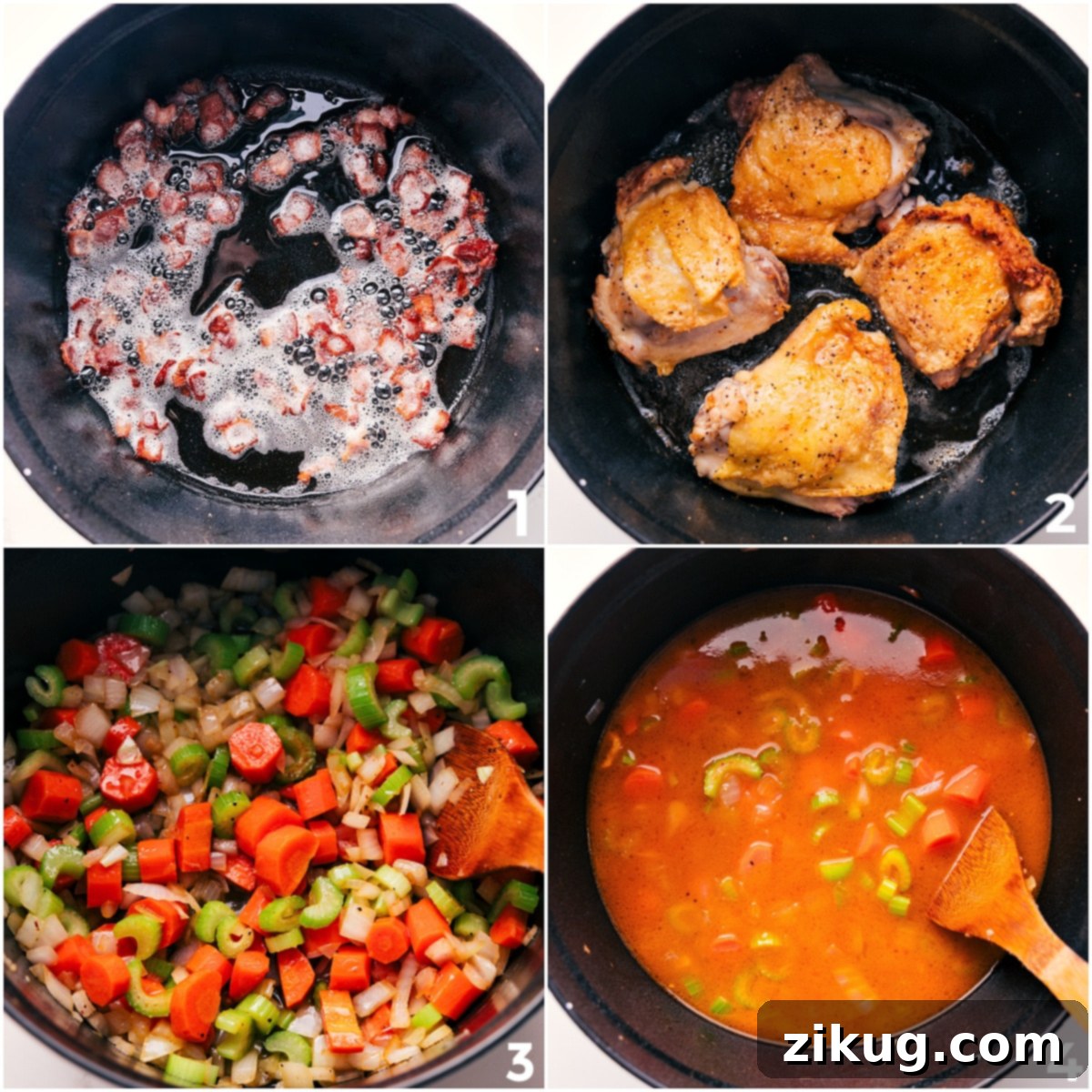 A step-by-step visual guide to making Chicken Stew: first, bacon sizzles in the pot, then chicken thighs are seared to a golden brown, followed by sautéed vegetables, and finally, broth is added to create a flavorful base for a rich and comforting stew.