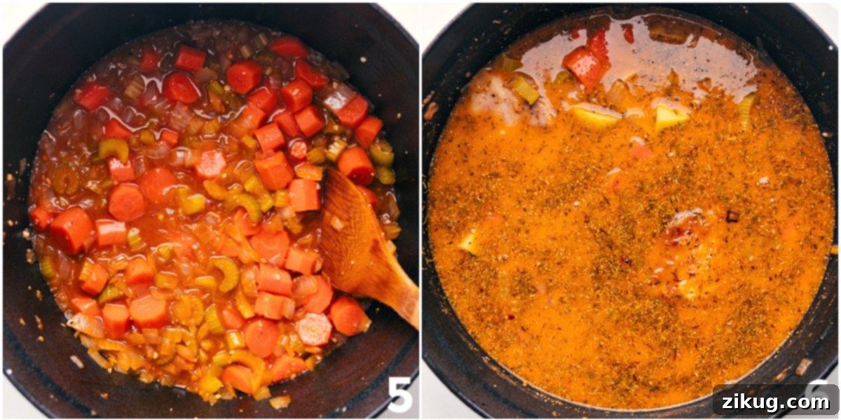 The rich and flavorful Chicken Stew simmering beautifully in a large pot, with tender chicken and vegetables immersed in the thick, savory gravy, creating a comforting aroma that promises a crowd-pleasing meal.