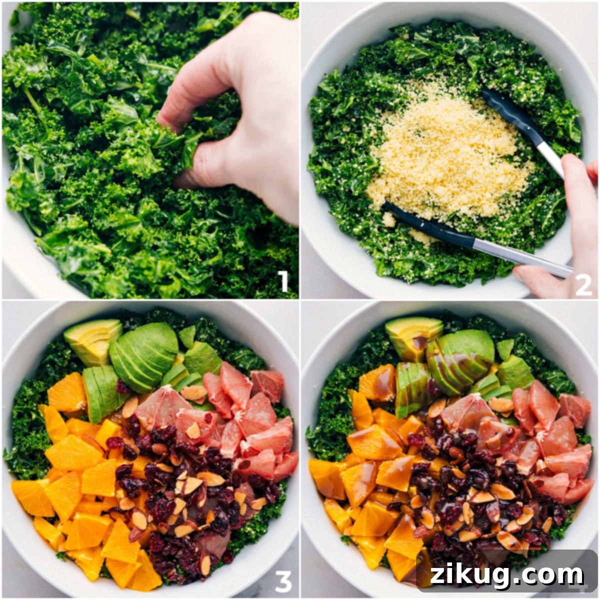 How To Make Grapefruit Salad A large bowl being assembled with various ingredients for the grapefruit salad: kale, couscous, nuts, citrus segments, and diced avocado, with dressing being added.