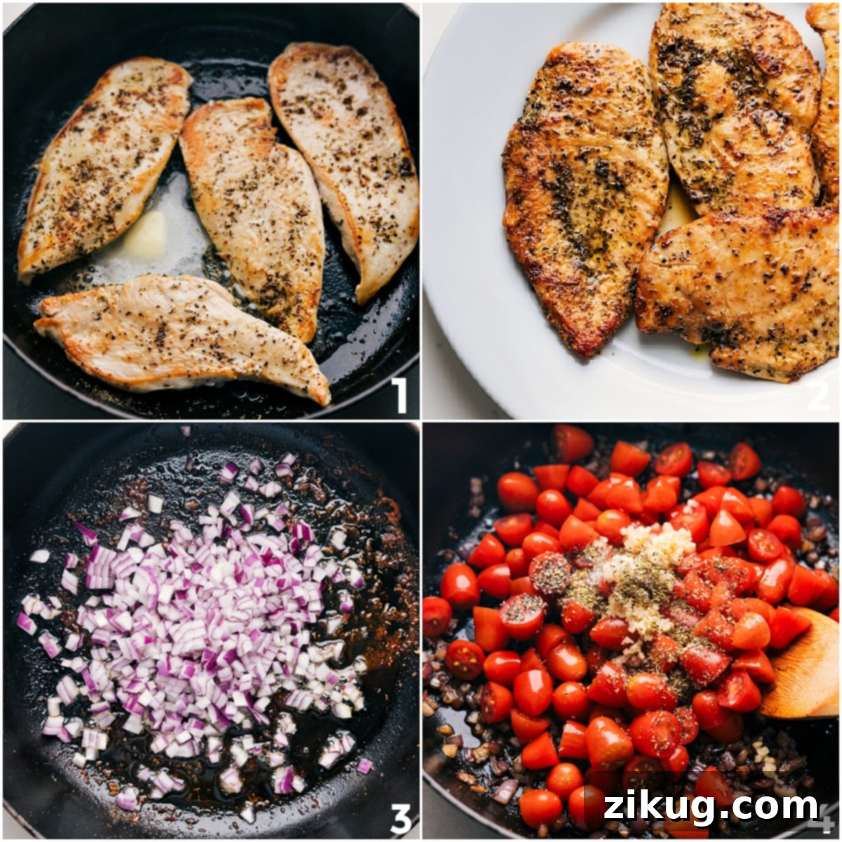 Chicken is cooked in a skillet with finely diced red onions, juicy cherry tomatoes, minced garlic, and Italian seasonings, all simmering together to form the flavorful base for this Caprese chicken.