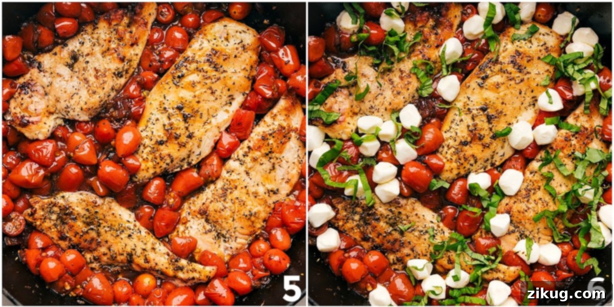 The finished Caprese chicken dish, cooked perfectly in one pan, garnished with fresh basil leaves and melted mozzarella, ready for a delicious weeknight dinner.