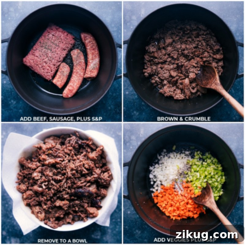 The journey to a perfect Ragu begins by browning succulent ground beef and flavorful Italian sausage. Next, a colorful medley of finely diced vegetables is gently cooked to build the aromatic foundation of this deeply savory and indulgent sauce. This rich Ragu is destined to be tossed with al dente pasta, garnished with fresh herbs, and topped with a generous sprinkle of freshly grated Parmesan. Recipe via chelseasmessyapron #dinner #quick #easy #simple #best #familyfriendly #kidfriendly #groundbeef #comfortfood #ragu Process shots showing the browning of ground beef and Italian sausage, followed by cooking diced vegetables for the Ragu sauce.
