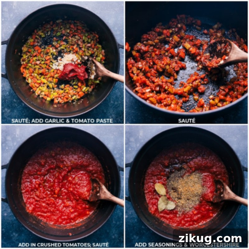 Building the rich flavor of Ragu involves carefully sautéing aromatics like garlic and tomato paste, then adding premium crushed tomatoes, a medley of Italian herbs including oregano, thyme, basil, and rosemary, along with Worcestershire sauce and beef bouillon. This meticulous process ensures a deeply savory and complex sauce. Recipe via chelseasmessyapron #dinner #quick #easy #simple #best #familyfriendly #kidfriendly #groundbeef #comfortfood #ragu Process shots of Ragu making, showing garlic, tomato paste, crushed tomatoes, seasonings, and Worcestershire sauce being sautéed in a pot.