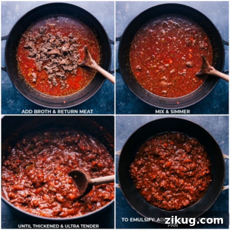 The culinary magic of this delicious Ragu sauce continues as rich beef broth is introduced to the pot, followed by the browned ground beef and Italian sausage. The mixture then simmers slowly, allowing all the flavors to meld into a deeply savory and indulgent sauce. This exceptional Ragu is designed to be generously tossed with pasta, garnished with fragrant herbs, and finished with a final flourish of freshly grated Parmesan. Recipe via chelseasmessyapron #dinner #quick #easy #simple #best #familyfriendly #kidfriendly #groundbeef #comfortfood #ragu Process shots of Ragu sauce simmering, with broth being added to the pot and the browned meat returned.