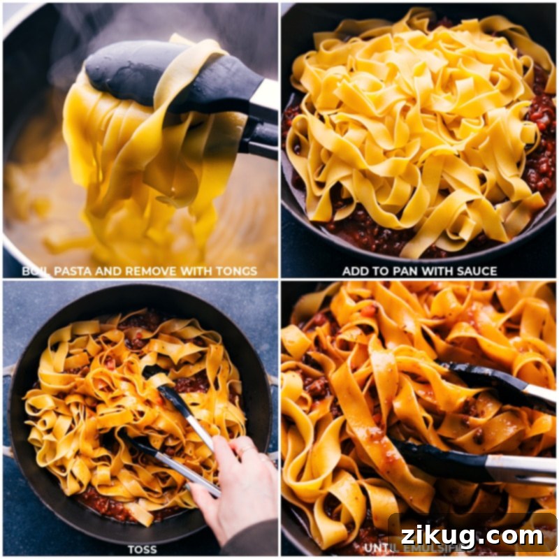 The final step in crafting this exquisite Ragu involves tossing perfectly cooked noodles directly into the rich, slow-simmered sauce. This ensures every piece of pasta is thoroughly coated in the deeply savory blend of ground beef, Italian sausage, finely diced vegetables, and crushed tomatoes, creating a harmonious and utterly delicious dish. Recipe via chelseasmessyapron #dinner #quick #easy #simple #best #familyfriendly #kidfriendly #groundbeef #comfortfood #ragu Process shots of Ragu making, showing cooked noodles being tossed into the rich sauce.