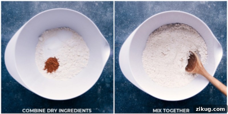Process images showing dry ingredients being mixed together in a large bowl for homemade cinnamon bread.