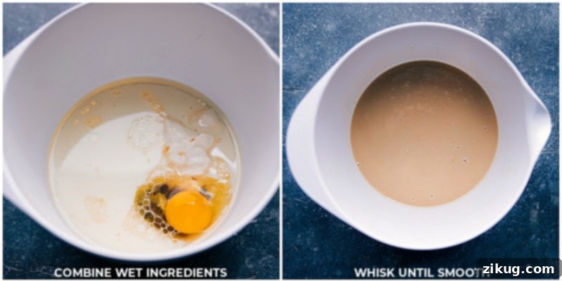 Process images of wet ingredients being mixed together in a bowl for the cinnamon bread batter.