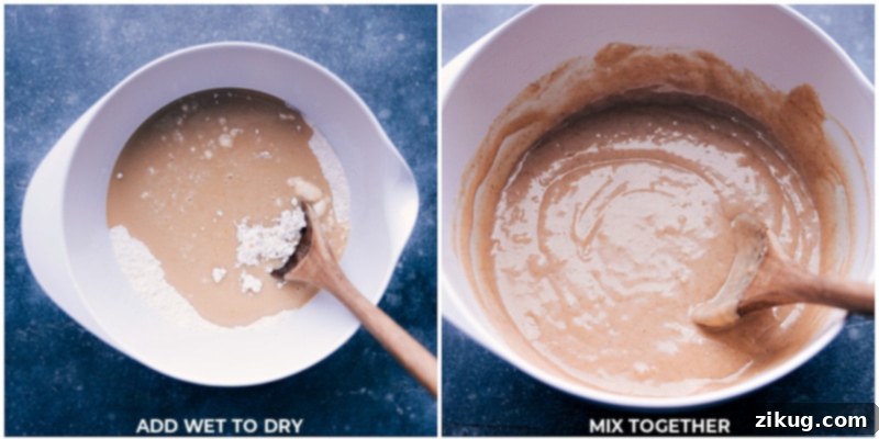 Process images of wet and dry ingredients being combined for the cinnamon bread batter.
