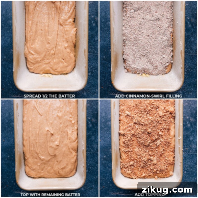 Process images of the cinnamon bread batter being layered into a loaf pan with the cinnamon swirl.