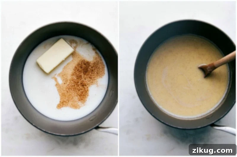Preparing the Base: Cooking Milk, Butter, Water, and Vanilla in a Pot for Churro Dough Ingredients (milk, butter, water, and vanilla) being simmered together in a pot on a stovetop.