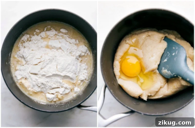 Churro Dough Preparation - Mixing Flour, Eggs, and More for a Perfect Consistency Adding flour and eggs, and mixing in a saucepan for the churro dough preparation.