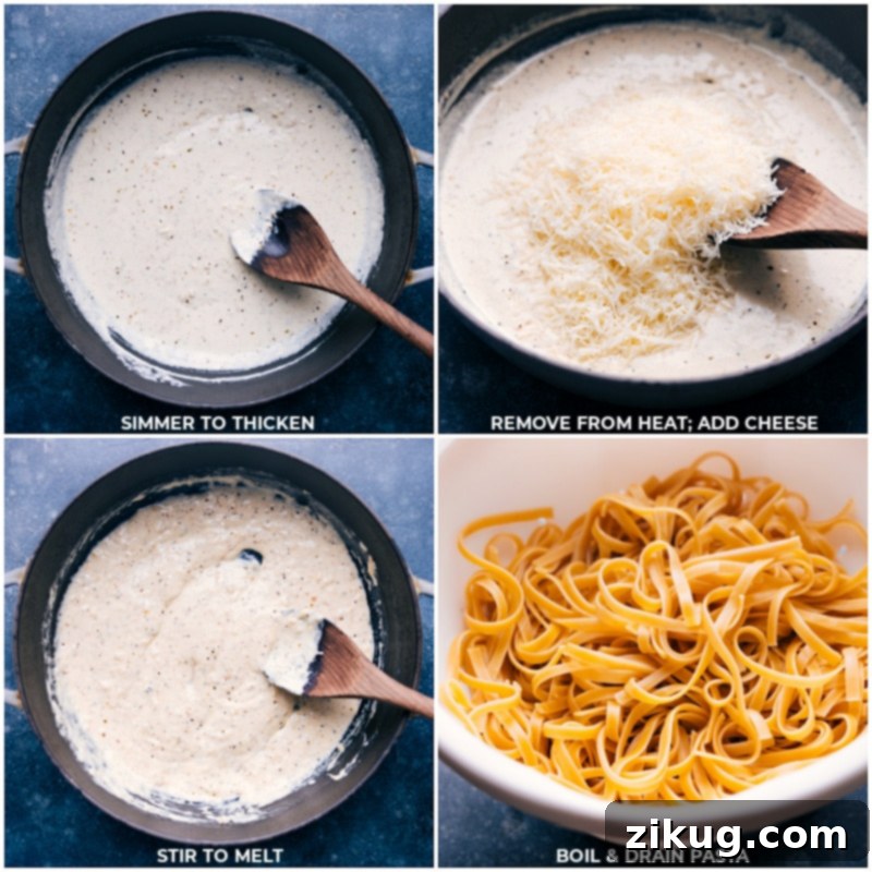 Fettuccine Alfredo is one of the quickest and easiest recipes to make! This indulgent pasta recipe tastes restaurant-quality, but can be made in the comfort of your home in about 20 minutes or less! Recipe via chelseasmessyapron #dinner #quick #easy #simple #best #familyfriendly #kidfriendly #comfortfood #cheesy #fettuccine #alfredo Process shots of Fettuccine Alfredo-- images of the sauce thickening and then cheese being added and the pasta being boiled and drained