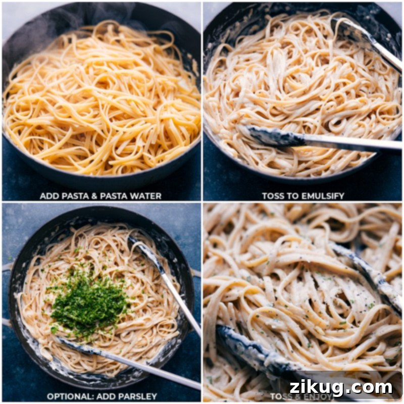 This delicious Fettuccine Alfredo is one of the quickest and easiest recipes to make! This indulgent pasta recipe tastes restaurant-quality, but can be made in the comfort of your home in about 20 minutes or less! Recipe via chelseasmessyapron #dinner #quick #easy #simple #best #familyfriendly #kidfriendly #comfortfood #cheesy #fettuccine #alfredo Process shots-- images of the pasta being added in and it all being mixed together