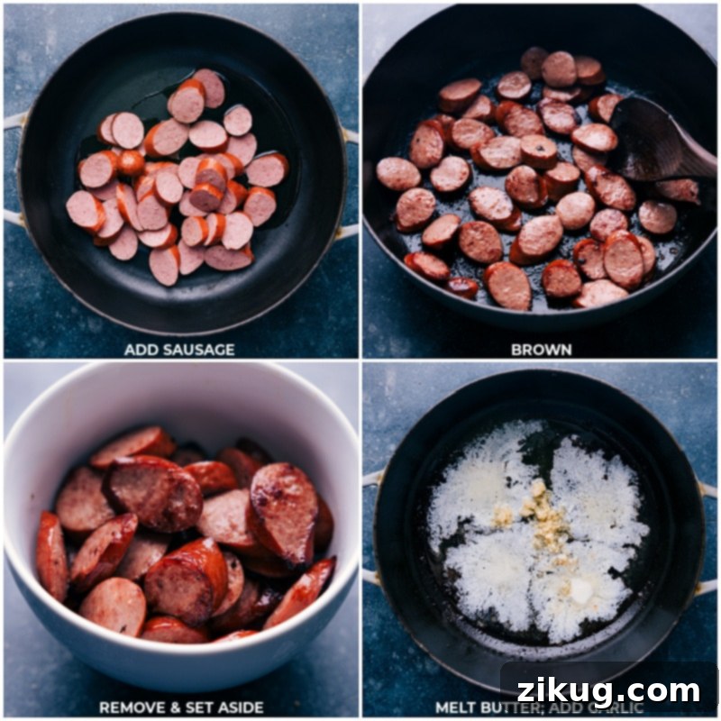 Creamy Sausage Alfredo Pasta 4 Process shots showing sliced smoked sausage browning in a hot pan, followed by butter and minced garlic being added to the same pan.