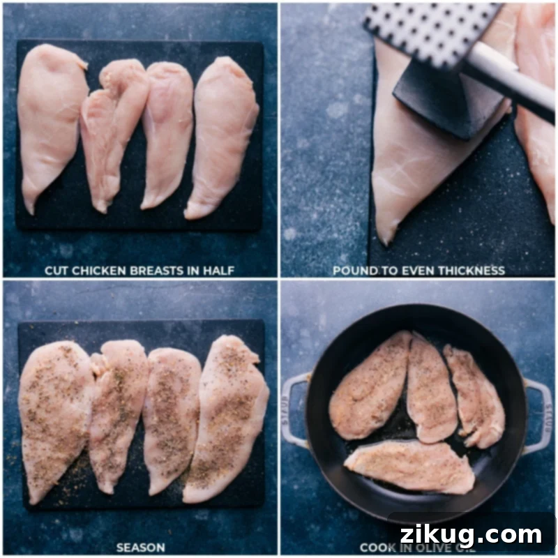 Preparing Chicken for Creamy Alfredo - Essential Steps for Flavor and Texture Chicken breasts being cut in half, pounded to an even thickness, seasoned, and then cooked in olive oil for Chicken Alfredo.