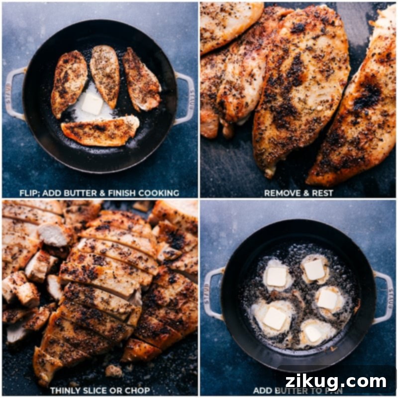 Step-by-Step Cooking: How To Make Perfect Chicken for Alfredo Flipping chicken in a skillet, adding butter, finishing the cooking process, then slicing the rested chicken for a Chicken Alfredo recipe.