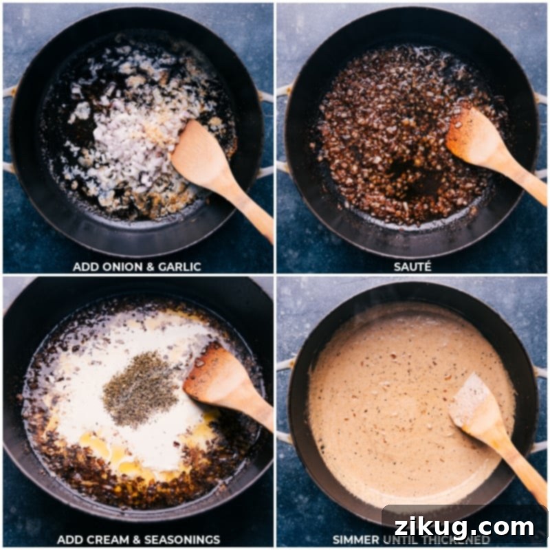 Crafting the Perfect Creamy Alfredo Sauce - Building Layers of Flavor Sautéing onion and garlic in a pan, then adding heavy cream and seasonings, and simmering until the Alfredo sauce thickens to perfection.