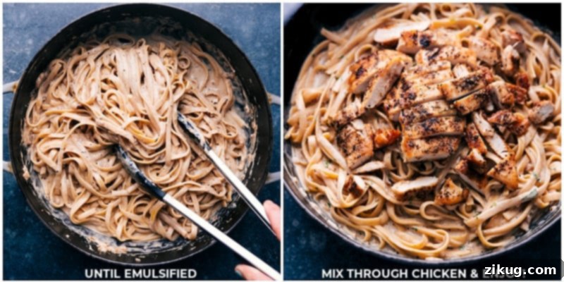 Final Steps: Tossing Pasta with Sauce and Chicken for a Perfect Finish Tossing pasta and Alfredo sauce until beautifully emulsified, then mixing in the cooked chicken before serving this delicious Chicken Alfredo recipe.