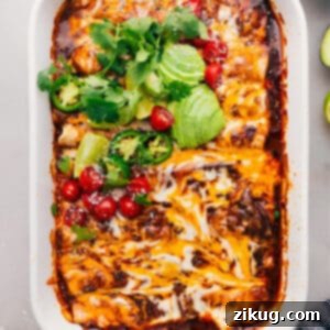 Tender Crockpot Instant Pot Shredded Beef Enchiladas 4 A close-up of a serving of Shredded Beef Enchiladas, showing the tender beef, melted cheese, and rich red sauce inside a soft tortilla, garnished with fresh cilantro and a dollop of sour cream.