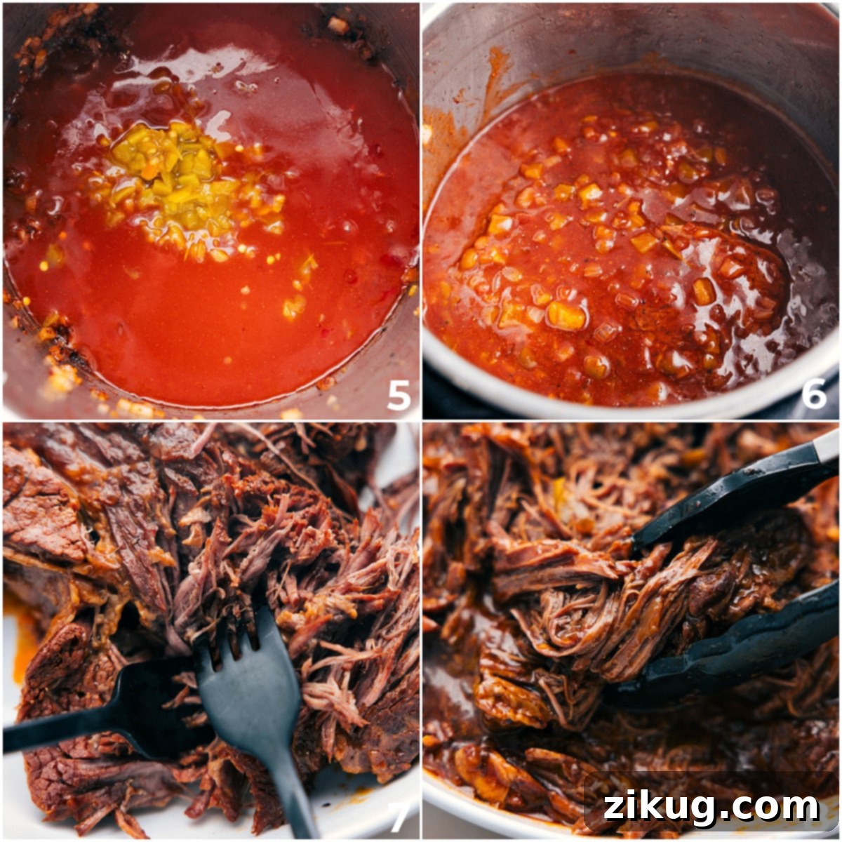 Perfectly Shredded Beef for Enchilada Perfection Pressure-cooked beef chuck roast, infused with rich red enchilada sauce and mild green chiles, is carefully removed from the pot and skillfully shredded with two forks, transforming it into the tender filling for delicious enchiladas.