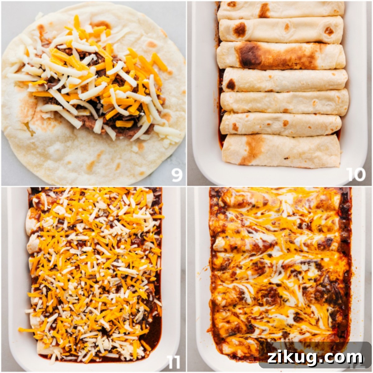 How to Perfectly Assemble and Bake Shredded Beef Enchiladas A step-by-step visual guide on how to assemble shredded beef enchiladas: spreading refried beans, layering savory beef and cheese onto flour tortillas, carefully rolling them up, and arranging them snugly in a casserole dish before baking to perfection.