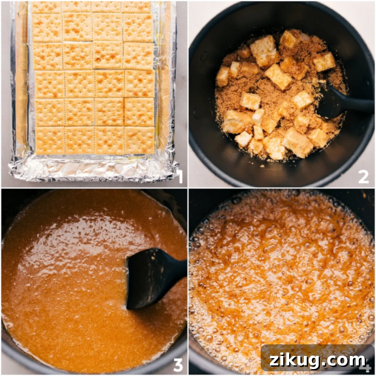 Easy Saltine Toffee Crack Recipe Preparation Saltines are laid out on a foil-lined sheet pan while brown sugar and butter boil together for Christmas crack. Ready for the next steps.