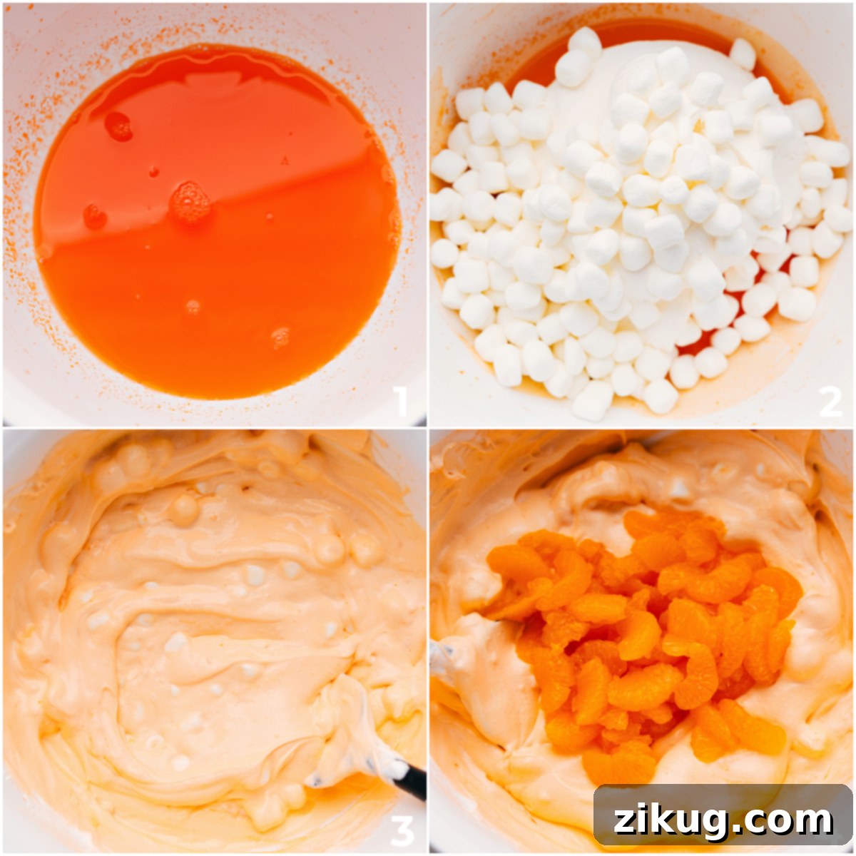 The orange jell-o, cool whip, and marshmallows being added to a bowl along with the mandarin oranges for this orange fluff salad, showcasing the simple assembly process.