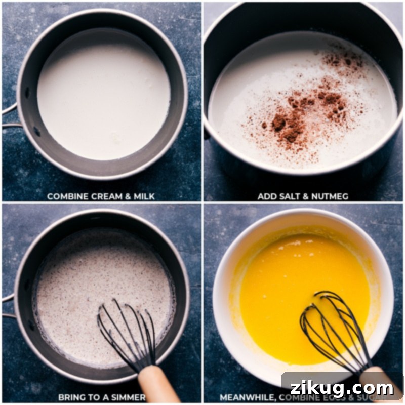 Our favorite Eggnog recipe combines milk and cream with egg yolks, sugar, nutmeg, and vanilla extract to create an irresistible holiday beverage. Recipe via chelseasmessyapron #christmas #holiday #holidaydrink #christmasdrink #treat #eggnog Process shots—images of the cream, milk, salt, and nutmeg being combined in a pot, followed by eggs and sugar being whisked together in a bowl