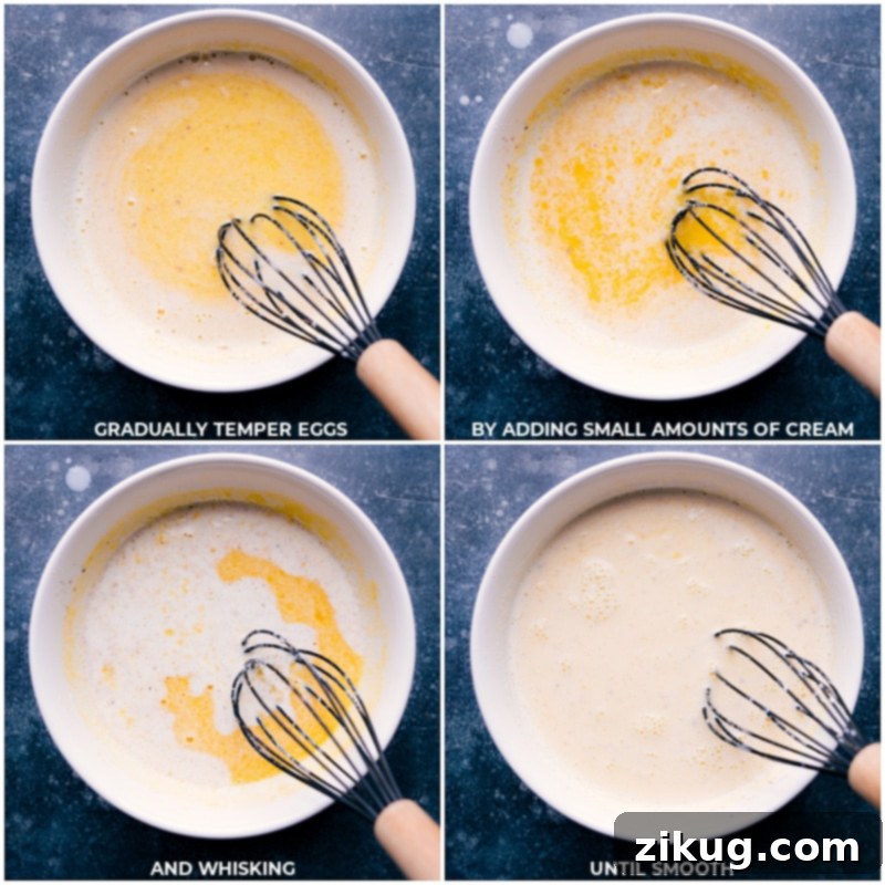 The absolute best Eggnog recipe combines milk and cream with egg yolks, sugar, nutmeg, and vanilla extract to create an irresistible holiday beverage. Recipe via chelseasmessyapron #christmas #holiday #holidaydrink #christmasdrink #treat #eggnog Process shots of making Eggnog—images of the whisked egg and sugar mixture being combined with the hot cream mixture
