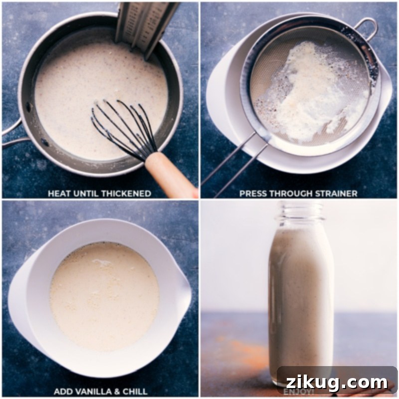 Homemade Eggnog combines milk and cream with egg yolks, sugar, nutmeg, and vanilla extract to create an irresistible holiday beverage. Recipe via chelseasmessyapron #christmas #holiday #holidaydrink #christmasdrink #treat #eggnog Process shots of Eggnog—images of the mixture being heated through to thicken in a pot and then strained into a pitcher to chill