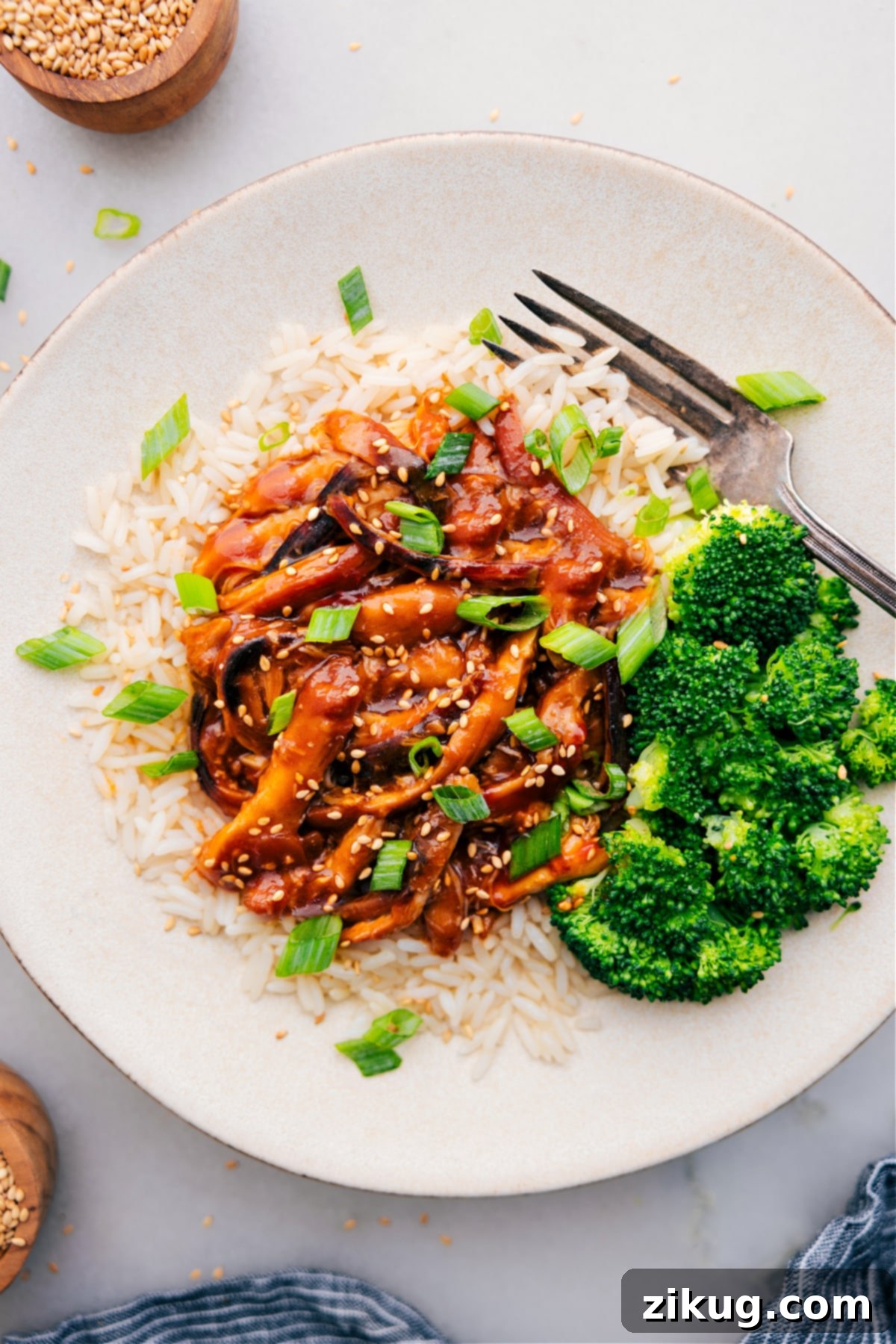 The Best Honey Garlic Chicken Thighs Recipe Honey Garlic Chicken Thighs served on a bed of rice, accompanied by roasted broccoli on the side and topped with fresh green onions and sesame seeds.