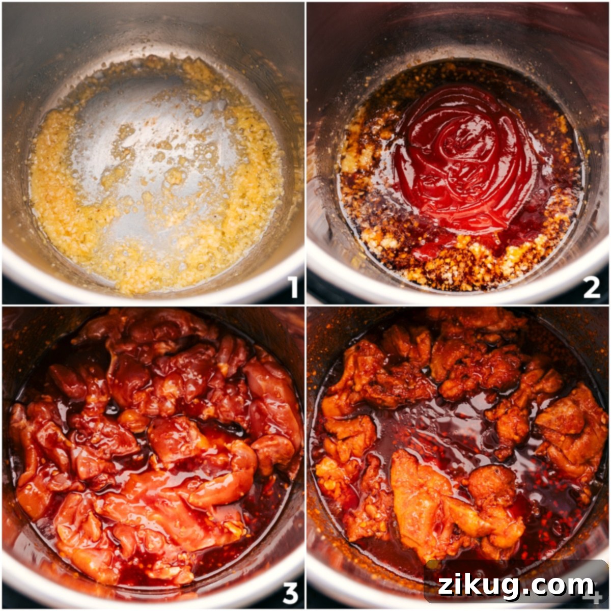 How To Make Honey Garlic Chicken Thighs Sauté garlic and ginger in the Instant Pot, then add all the other ingredients and pressure cook for this honey garlic chicken thighs recipe, showcasing the easy cooking process.