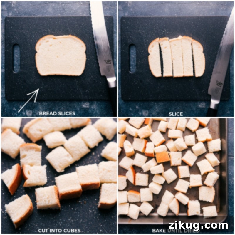 Preparing the Bread for the Best Sausage Stuffing Process shots showing bread being cubed for Sausage Stuffing, emphasizing the importance of dry bread.