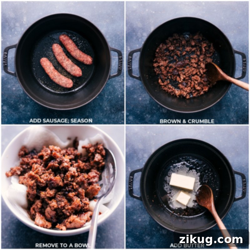 Cooking Sausage and Preparing Aromatics for Stuffing Process shots of Sausage Stuffing showing sausage browning and butter being added to sauté vegetables.