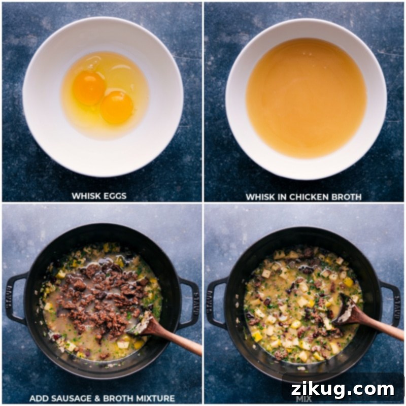 Mixing Ingredients for the Ultimate Sausage Stuffing Process shots of the Sausage Stuffing recipe showing chicken broth and eggs being added, then mixed with cooked sausage and vegetables.
