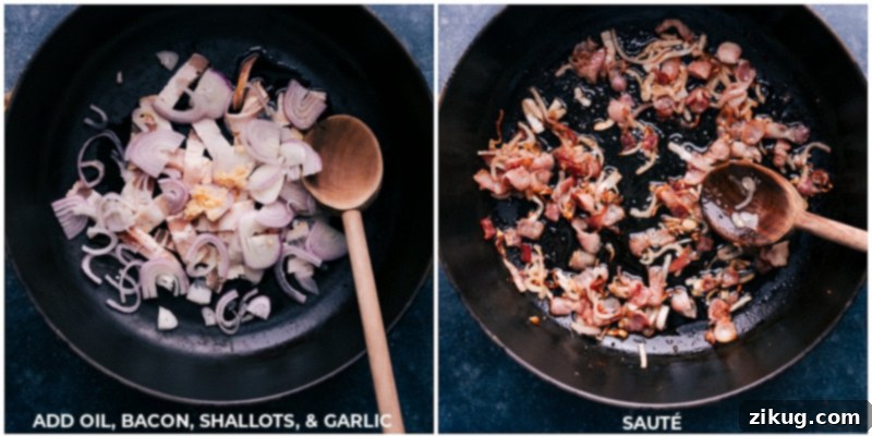 Step-by-step cooking: crisping bacon, caramelizing shallots, and sautéing garlic to build the flavor base for this incredible frozen peas recipe. Process shots showing shallots, bacon, and garlic being cooked in a pan for the frozen peas recipe