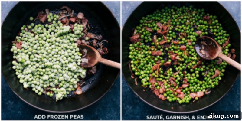 The delicious Frozen Peas recipe in progress: Adding frozen peas to the perfectly cooked bacon, shallots, and garlic for a quick and flavorful sauté. Process shots showing frozen peas being added to the pot with cooked bacon, shallots, and garlic
