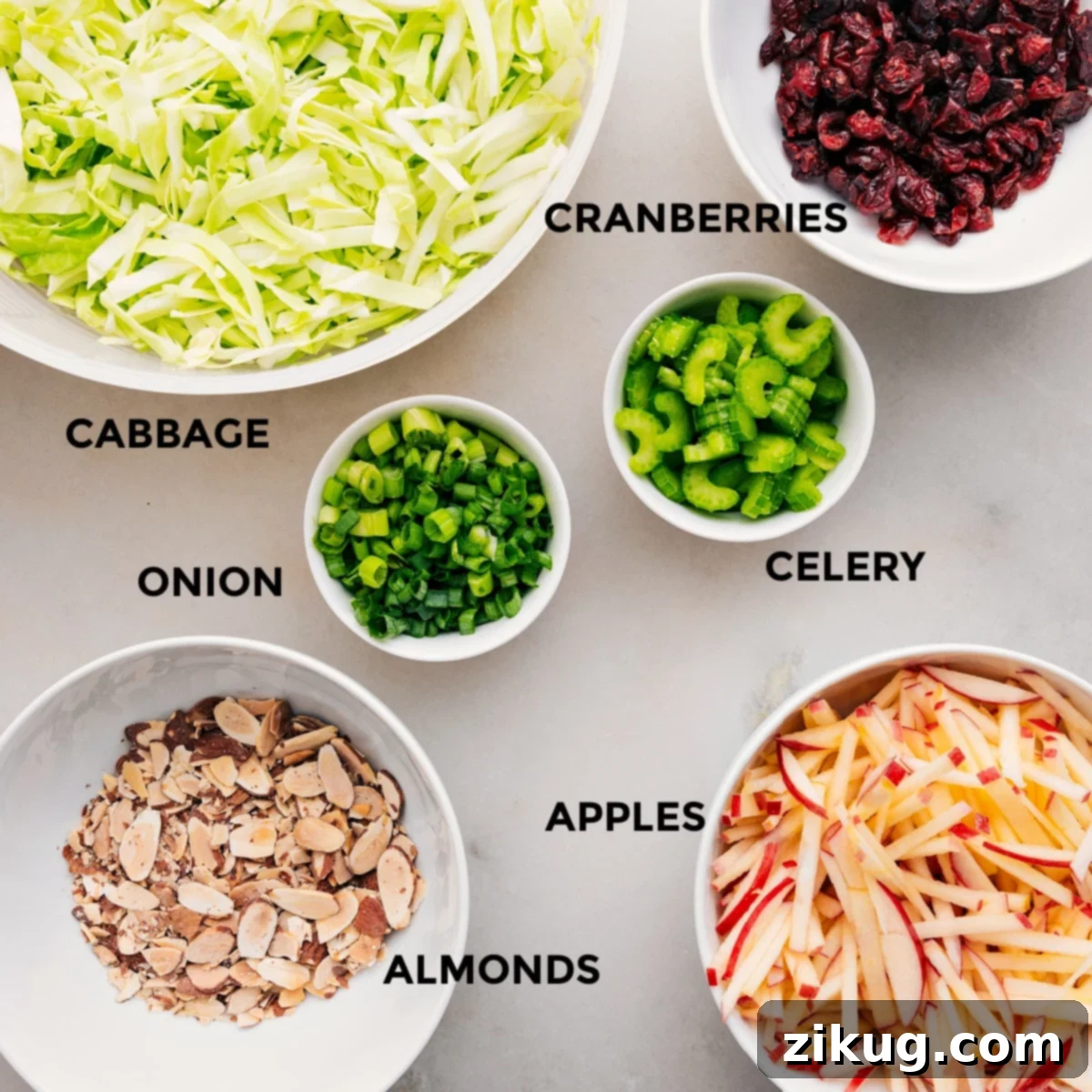 A collection of fresh ingredients for Apple Coleslaw, meticulously prepped and arranged for easy assembly, including shredded cabbage, sliced apples, and cranberries.